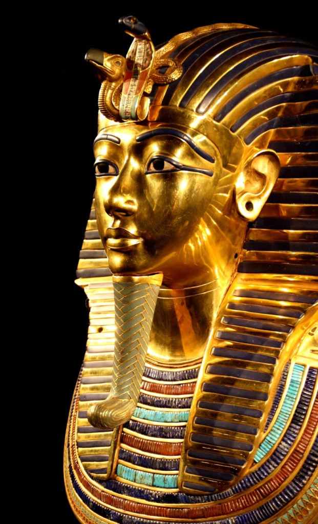The image shows Tutankhamen's burial mask. 14 stunning facts about gold you didn't think you wanted to know.
